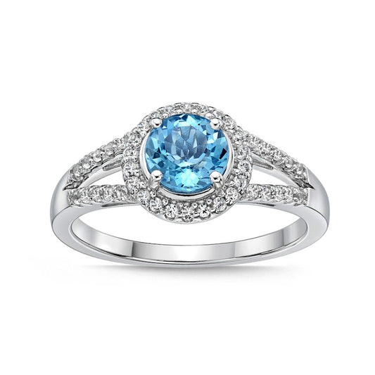 6.0mm Blue and White Topaz Frame Split Shank Ring in Sterling Silver