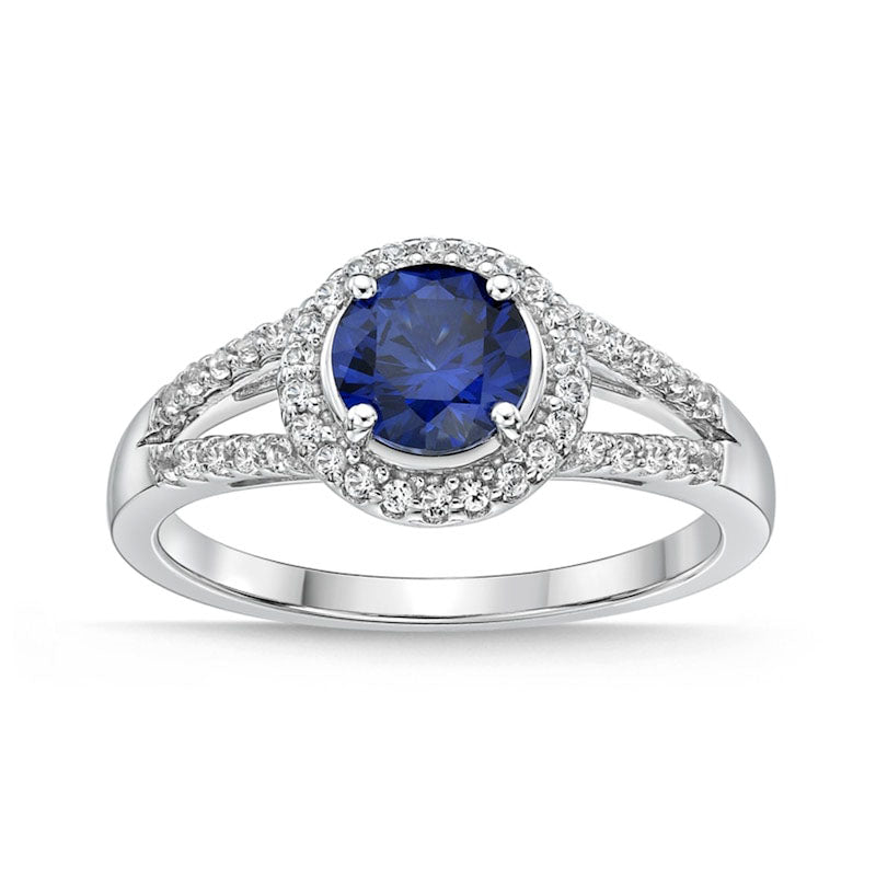 6.0mm Blue and White Lab-Created Sapphire Frame Split Shank Ring in Sterling Silver
