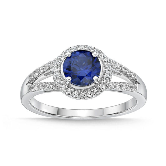 6.0mm Blue and White Lab-Created Sapphire Frame Split Shank Ring in Sterling Silver