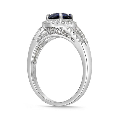 6.0mm Blue and White Lab-Created Sapphire Frame Split Shank Ring in Sterling Silver