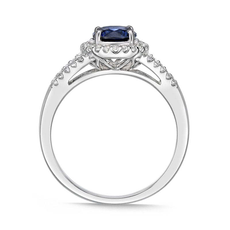 6.0mm Blue and White Lab-Created Sapphire Frame Split Shank Ring in Sterling Silver