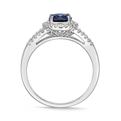 6.0mm Blue and White Lab-Created Sapphire Frame Split Shank Ring in Sterling Silver