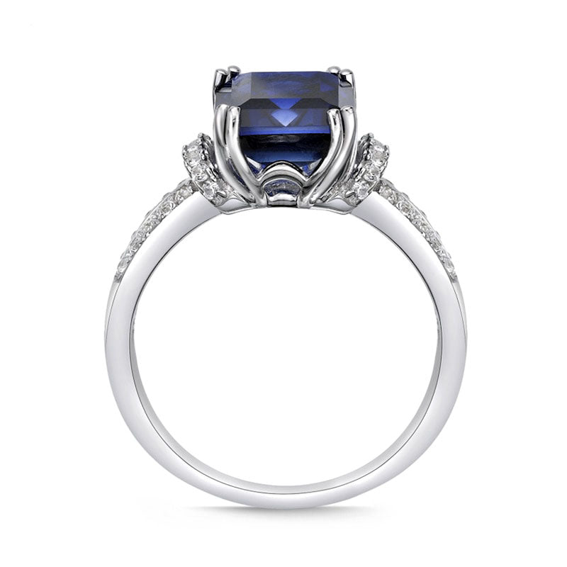 Emerald-Cut Blue and White Lab-Created Sapphire Collar Split Shank Ring in Sterling Silver