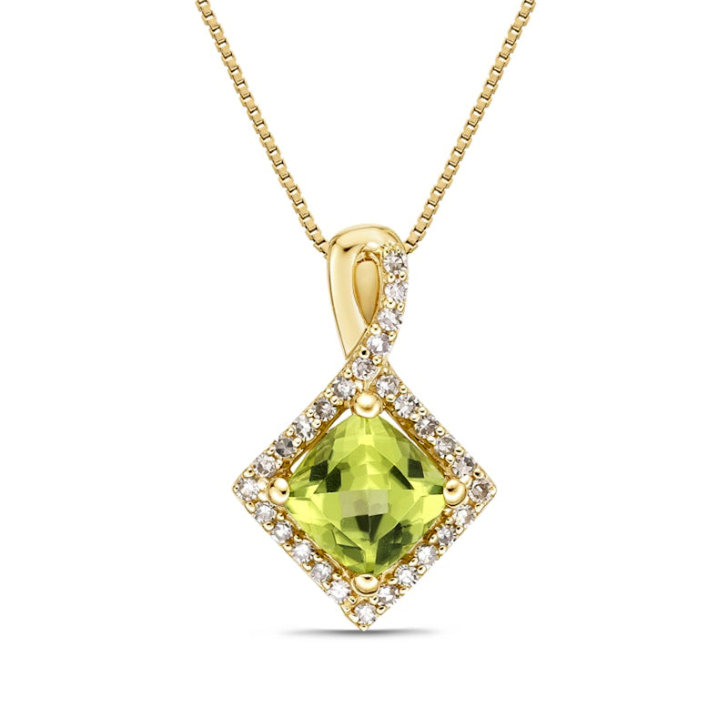 6.0mm Cushion-Cut Peridot and 0.17 CT. T.W. Natural Diamond Frame Tilted Twist Pendant in 10K Yellow Gold
