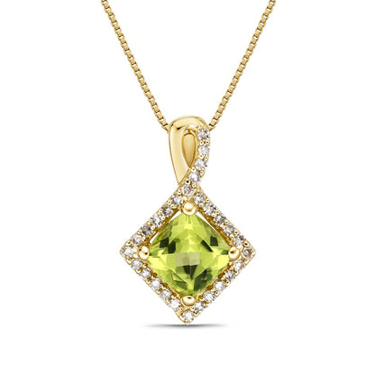 6.0mm Cushion-Cut Peridot and 0.17 CT. T.W. Natural Diamond Frame Tilted Twist Pendant in 10K Yellow Gold