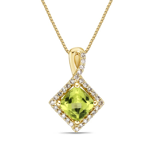 6.0mm Cushion-Cut Peridot and 0.17 CT. T.W. Natural Diamond Frame Tilted Twist Pendant in 10K Yellow Gold