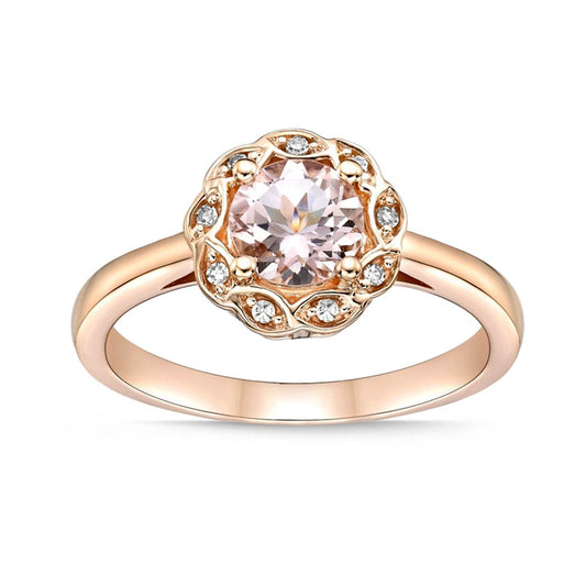6.0mm Morganite and 0.05 CT. T.W. Natural Diamond Frame Flower Ring in Solid 10K Rose Gold