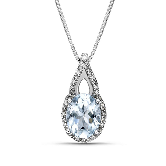 Oval Aquamarine and 0.13 CT. T.W. Natural Diamond Frame Open Flame Pendant in 10K White Gold