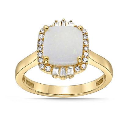 8.0mm Cushion-Cut Opal and 0.20 CT. T.W. Natural Diamond Ornate Frame Ring in Solid 10K Yellow Gold