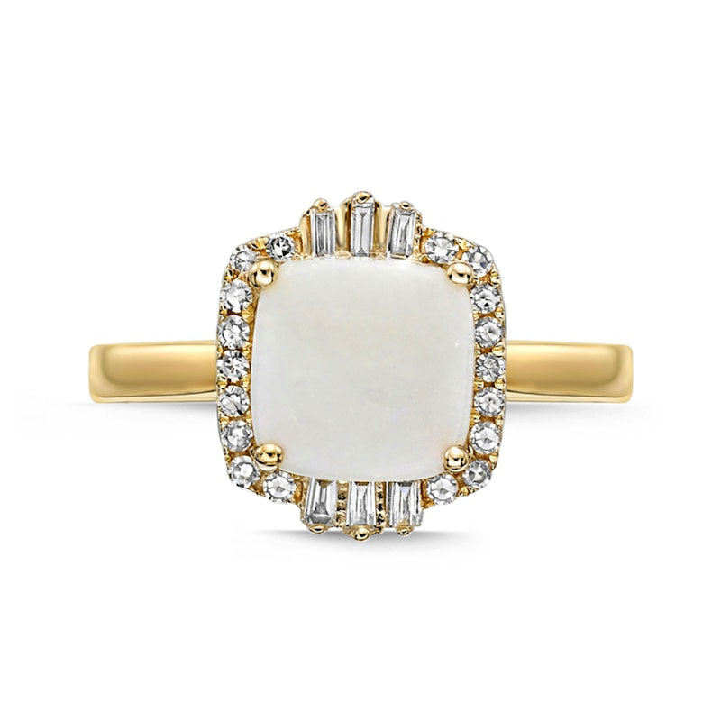 8.0mm Cushion-Cut Opal and 0.20 CT. T.W. Natural Diamond Ornate Frame Ring in Solid 10K Yellow Gold