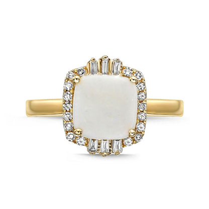 8.0mm Cushion-Cut Opal and 0.20 CT. T.W. Natural Diamond Ornate Frame Ring in Solid 10K Yellow Gold