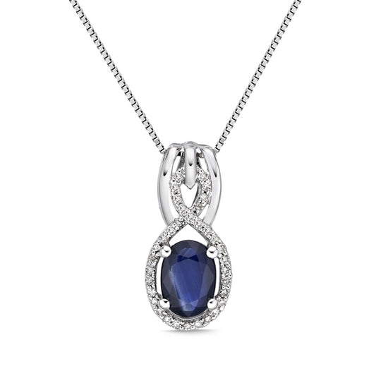 Oval Blue Sapphire and 0.1 CT. T.W. Natural Diamond Infinity Drop Pendant in 10K White Gold