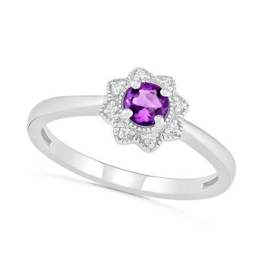4.0mm Amethyst and 0.05 CT. T.W. Natural Diamond Antique Vintage-Style Flower Ring in Sterling Silver
