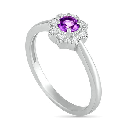 4.0mm Amethyst and 0.05 CT. T.W. Natural Diamond Antique Vintage-Style Flower Ring in Sterling Silver