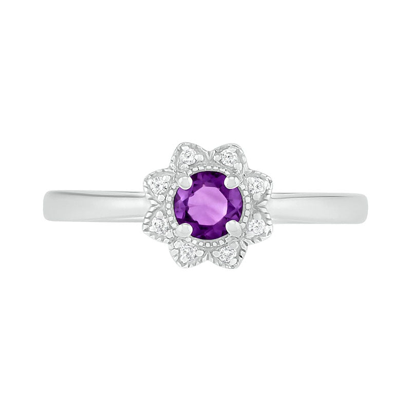 4.0mm Amethyst and 0.05 CT. T.W. Natural Diamond Antique Vintage-Style Flower Ring in Sterling Silver