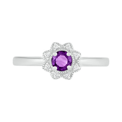 4.0mm Amethyst and 0.05 CT. T.W. Natural Diamond Antique Vintage-Style Flower Ring in Sterling Silver