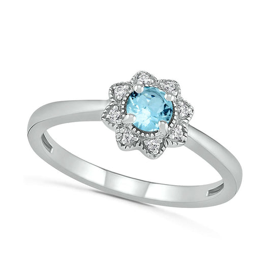 4.0mm Aquamarine and 0.05 CT. T.W. Natural Diamond Antique Vintage-Style Flower Ring in Sterling Silver