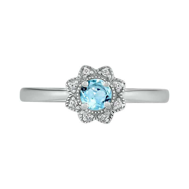 4.0mm Aquamarine and 0.05 CT. T.W. Natural Diamond Antique Vintage-Style Flower Ring in Sterling Silver