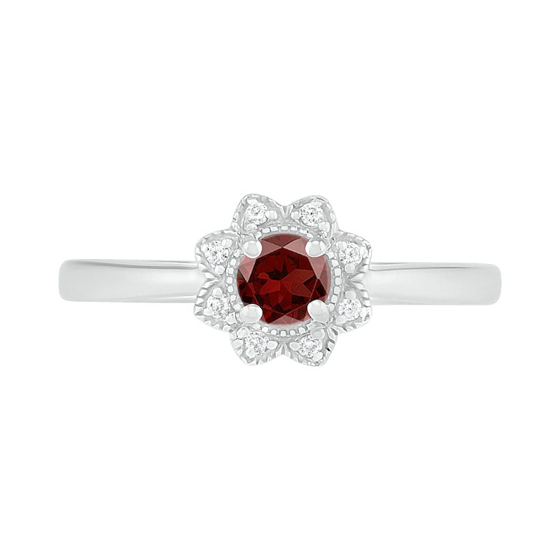 4.0mm Garnet and 0.05 CT. T.W. Natural Diamond Antique Vintage-Style Flower Ring in Sterling Silver