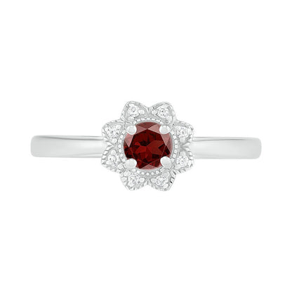 4.0mm Garnet and 0.05 CT. T.W. Natural Diamond Antique Vintage-Style Flower Ring in Sterling Silver