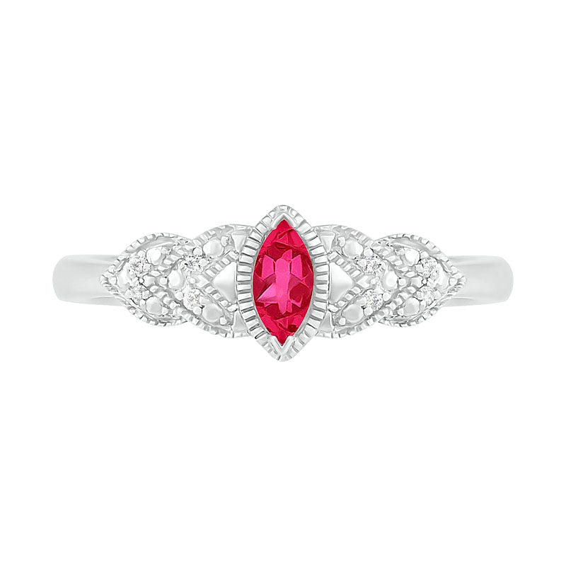 Marquise Lab-Created Ruby and Diamond Accent Layered Leaf-Sides Antique Vintage-Style Ring in Sterling Silver
