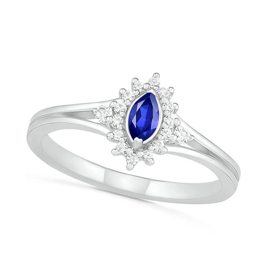 Marquise Lab-Created Blue and White Sapphire Starburst Frame Split Shank Ring in Sterling Silver