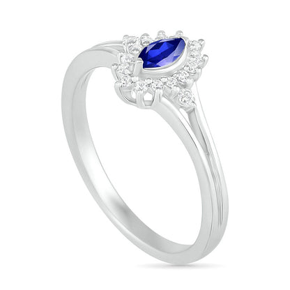 Marquise Lab-Created Blue and White Sapphire Starburst Frame Split Shank Ring in Sterling Silver