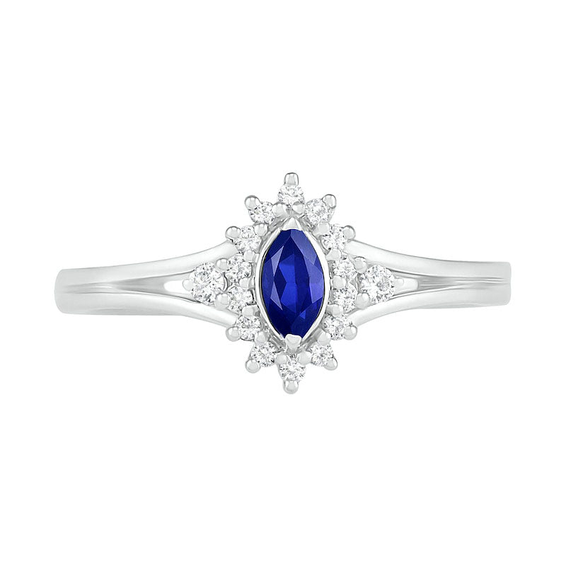 Marquise Lab-Created Blue and White Sapphire Starburst Frame Split Shank Ring in Sterling Silver