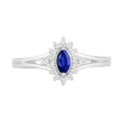Marquise Lab-Created Blue and White Sapphire Starburst Frame Split Shank Ring in Sterling Silver