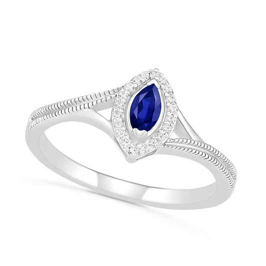 Marquise Lab-Created Blue Sapphire and 0.05 CT. T.W. Diamond Frame Beaded Split Shank Ring in Sterling Silver