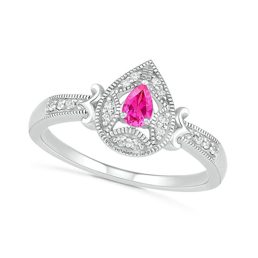 Pear-Shaped Lab-Created Pink and White Sapphire Frame Scrolling Tapered Shank Antique Vintage-Style Ring in Sterling Silver
