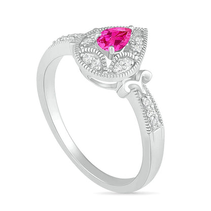 Pear-Shaped Lab-Created Pink and White Sapphire Frame Scrolling Tapered Shank Antique Vintage-Style Ring in Sterling Silver