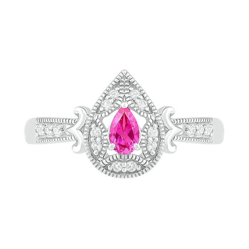 Pear-Shaped Lab-Created Pink and White Sapphire Frame Scrolling Tapered Shank Antique Vintage-Style Ring in Sterling Silver