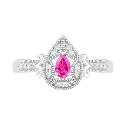 Pear-Shaped Lab-Created Pink and White Sapphire Frame Scrolling Tapered Shank Antique Vintage-Style Ring in Sterling Silver