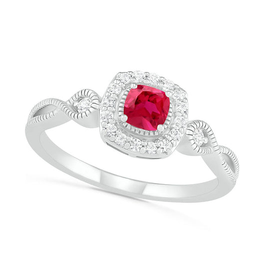 4.0mm Cushion-Cut Lab-Created Ruby and White Sapphire Frame Infinity Shank Antique Vintage-Style Ring in Sterling Silver