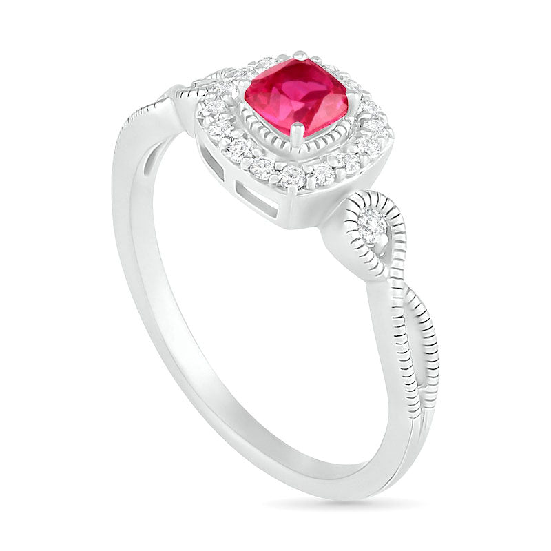 4.0mm Cushion-Cut Lab-Created Ruby and White Sapphire Frame Infinity Shank Antique Vintage-Style Ring in Sterling Silver