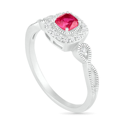 4.0mm Cushion-Cut Lab-Created Ruby and White Sapphire Frame Infinity Shank Antique Vintage-Style Ring in Sterling Silver