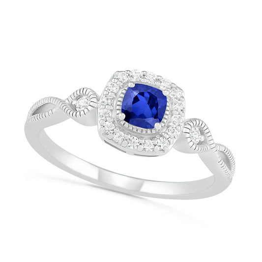 4.0mm Cushion-Cut Lab-Created Blue and White Sapphire Frame Infinity Shank Antique Vintage-Style Ring in Sterling Silver