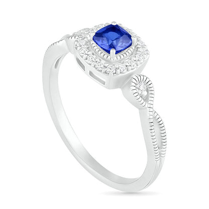 4.0mm Cushion-Cut Lab-Created Blue and White Sapphire Frame Infinity Shank Antique Vintage-Style Ring in Sterling Silver
