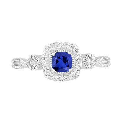 4.0mm Cushion-Cut Lab-Created Blue and White Sapphire Frame Infinity Shank Antique Vintage-Style Ring in Sterling Silver