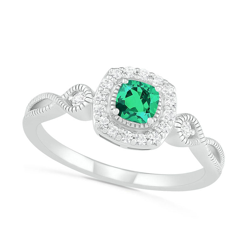 4.0mm Cushion-Cut Lab-Created Emerald and White Sapphire Frame Infinity Shank Antique Vintage-Style Ring in Sterling Silver