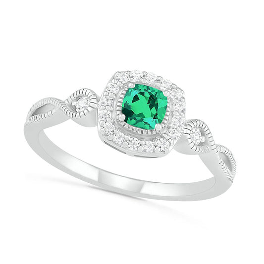 4.0mm Cushion-Cut Lab-Created Emerald and White Sapphire Frame Infinity Shank Antique Vintage-Style Ring in Sterling Silver