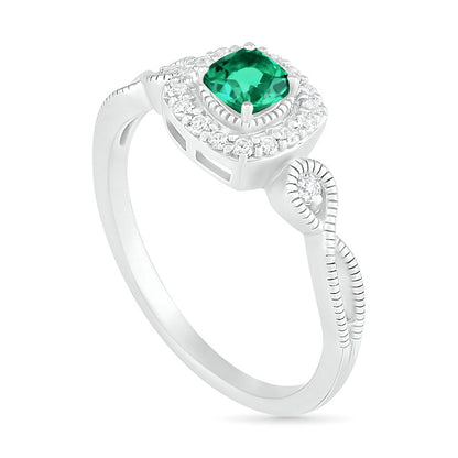4.0mm Cushion-Cut Lab-Created Emerald and White Sapphire Frame Infinity Shank Antique Vintage-Style Ring in Sterling Silver