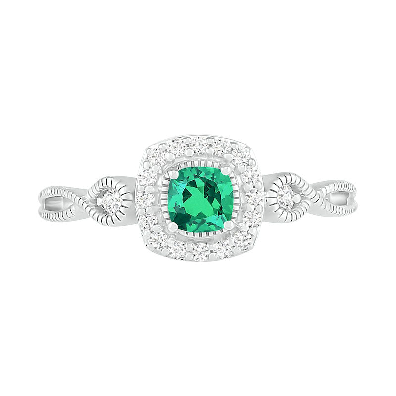4.0mm Cushion-Cut Lab-Created Emerald and White Sapphire Frame Infinity Shank Antique Vintage-Style Ring in Sterling Silver