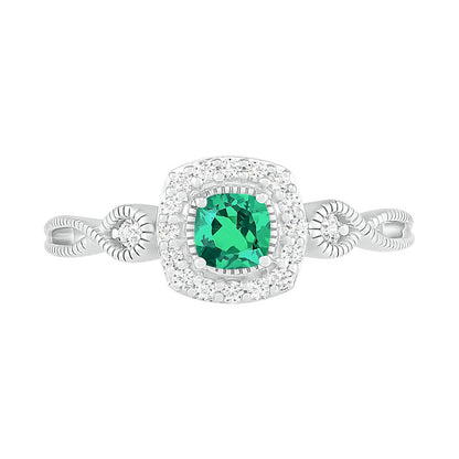 4.0mm Cushion-Cut Lab-Created Emerald and White Sapphire Frame Infinity Shank Antique Vintage-Style Ring in Sterling Silver