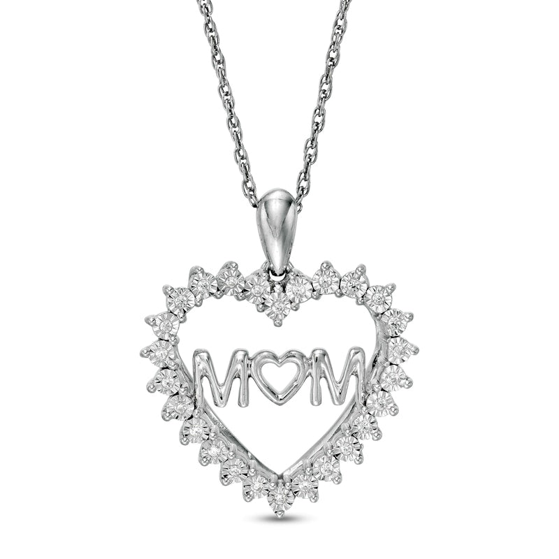 0.07 CT. T.W. Natural Diamond "MOM" Shadow Heart Pendant in Sterling Silver