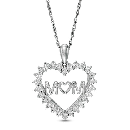 0.07 CT. T.W. Natural Diamond "MOM" Shadow Heart Pendant in Sterling Silver