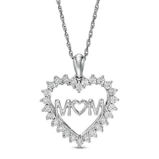 0.07 CT. T.W. Natural Diamond "MOM" Shadow Heart Pendant in Sterling Silver
