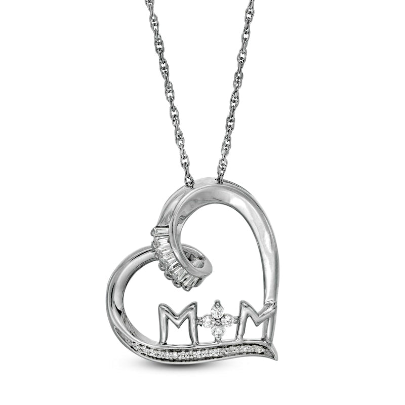 0.17 CT. T.W. Baguette and Round Natural Diamond "MOM" Tilted Heart Pendant in Sterling Silver