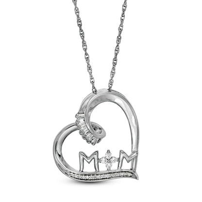 0.17 CT. T.W. Baguette and Round Natural Diamond "MOM" Tilted Heart Pendant in Sterling Silver